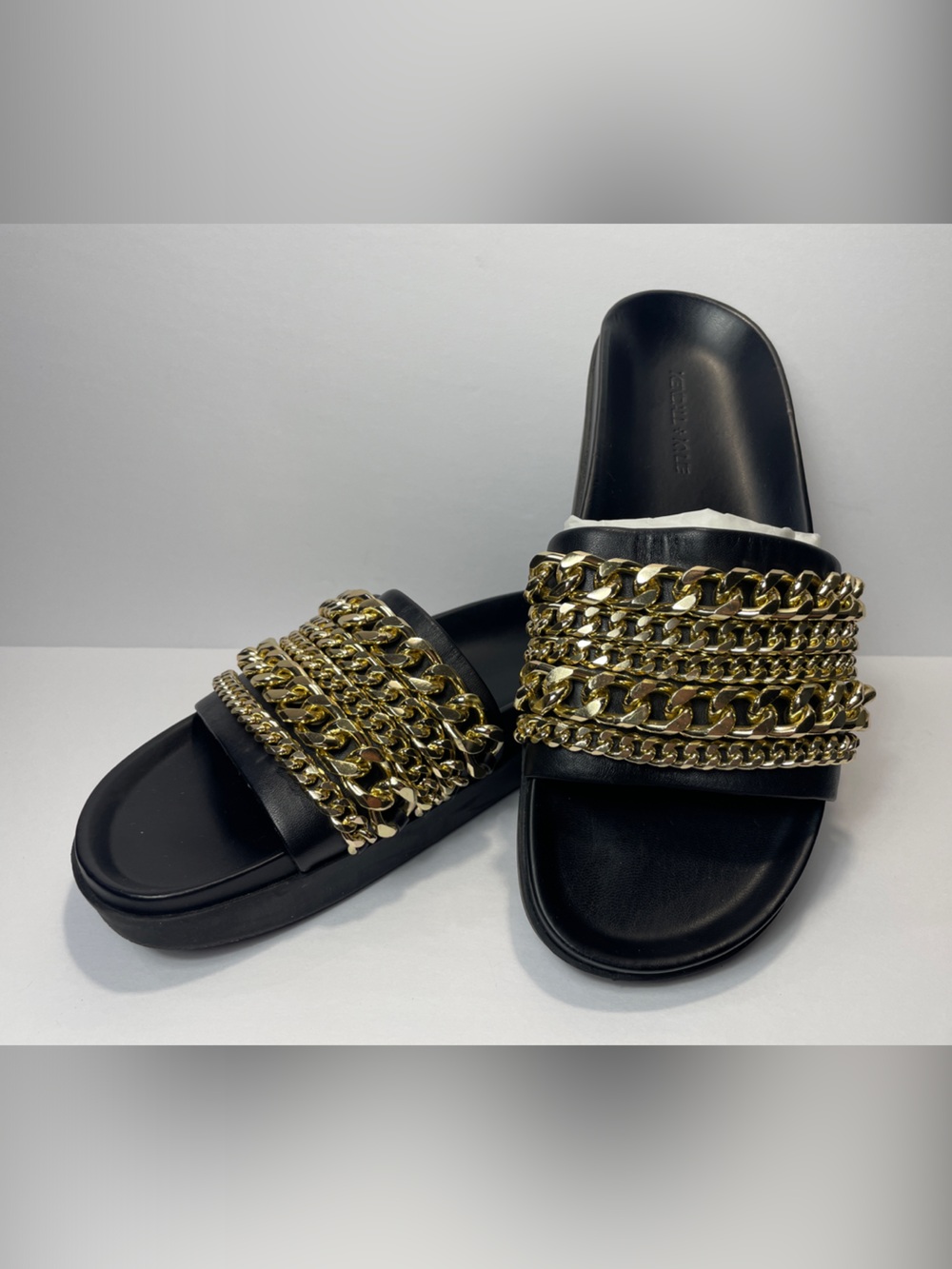 Kendall & Kylie Black Slides with Multiple Gold Chain Straps